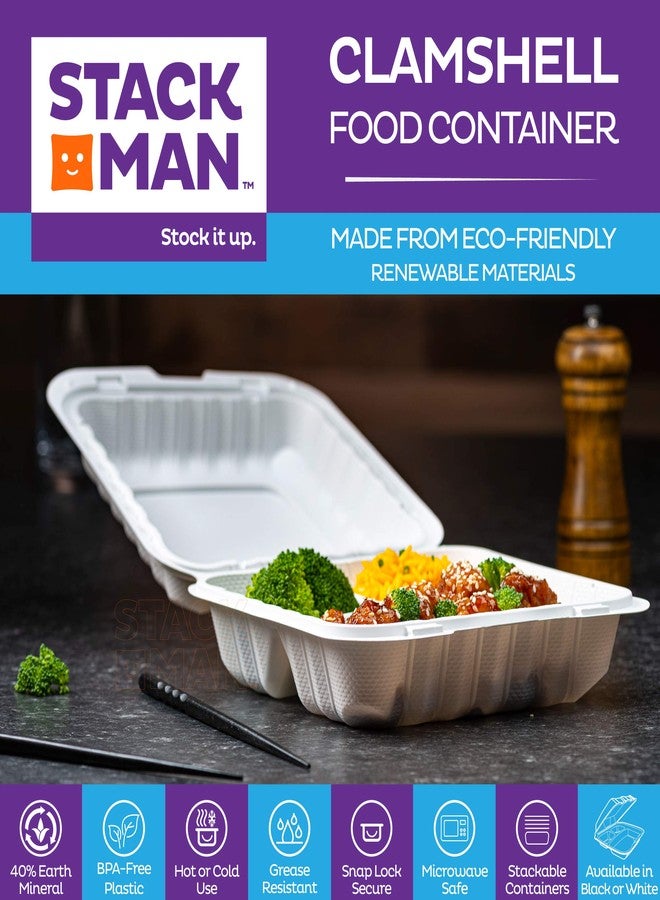 Stack Man Eco-Friendly Meal Prep Containers 3 Compartment [50-Pack 8x8x3"] Disposable to go Clamshell Food Containers Secure Snap Hinged Lid, Microwave Safe Take Out Lunch Boxes, Made from Renewable Materials - Image 4
